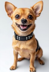 Obraz premium Cute and Playful Chihuahua Dog with Bright Eyes and Cheerful Expression Posing on White Background in Stylish Black Collar with Silver Studs