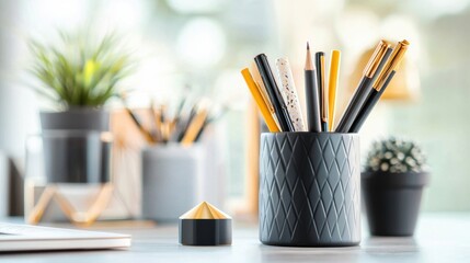 Obraz premium Neatly Arranged Stationery and Office Supplies on a Modern Desk