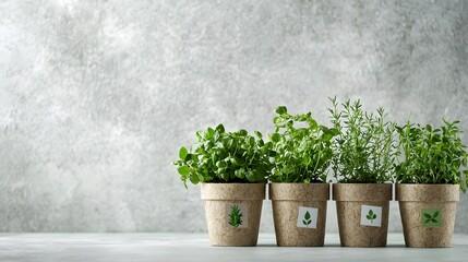 Biodegradable Plant Pots with Fresh Herbs and Eco-Friendly Labels Promoting Sustainable Lifestyle