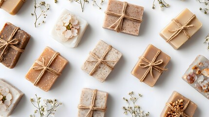 Fototapeta premium Handcrafted Organic Soap Bars with Eco-Friendly Packaging on White Background