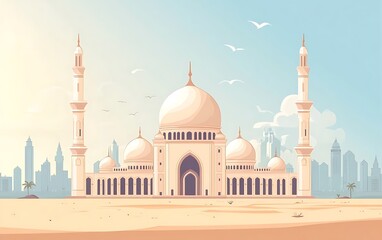 Obraz premium Mosque in desert city, serene sunrise view, possible use for travel guide