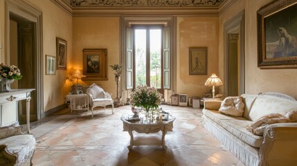 A chic and elegant antique-style interior featuring beige walls with stucco moldings, soft pastel accents, and polished tiled floors.