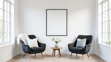 A stark white wall adorned by a bold black frame, complemented by a quaint round wooden table. It holds a delicate vase brimming with pristine white blooms and lush green foliage