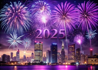 Purple Fireworks Celebrate New Year 2025 & 4th of July - Night Sky Festive Banner
