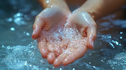 closeup water flow to hand of women for nature concept on the garden background