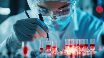 Scientist Conducting Scientific Experiment in Medical Laboratory with Glassware