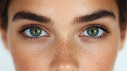 Obraz premium Intriguing Gaze: A captivating close-up of a woman's eyes, revealing a hint of mystery and allure. The soft, freckled skin and deep green eyes create an intriguing and captivating image.