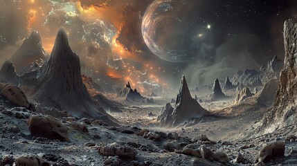 A beautiful landscape of another planet with a large moon in the sky.
