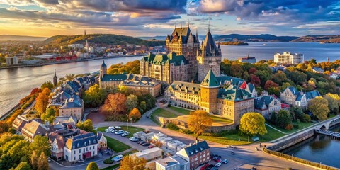 Naklejka premium Quebec City Aerial Drone View: Stunning Chateau Frontenac & St. Lawrence River Panorama