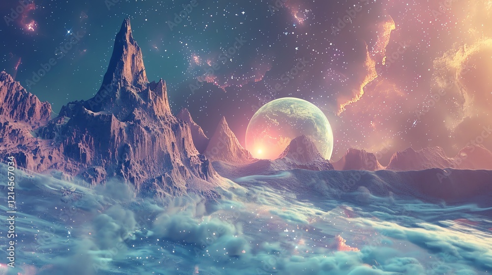 Aufkleber the image is a beautiful landscape of a mountain range with a large moon in the background. the moun