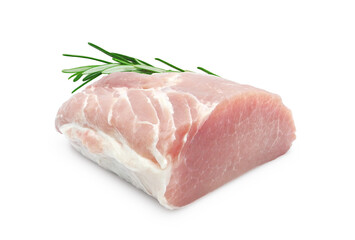 Fresh raw pork loin meat with rosemary isolated on white background  