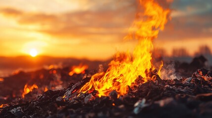 Raging Bonfire Under Dramatic Fiery Sky During Sunset or Sunrise Landscape Scene