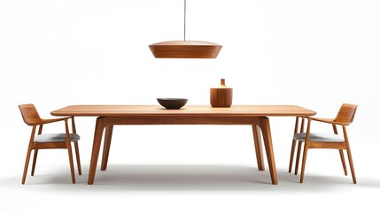 Minimalist Wooden Dining Table and Chairs with Pendant Light in Elegant White Space