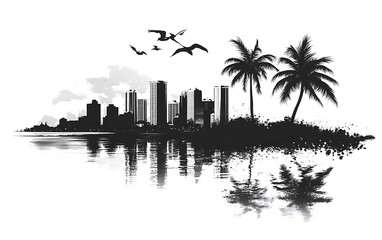 Tropical city skyline reflected in water, black and white art print, vacation concept