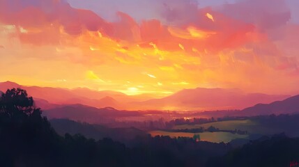 Obraz premium Vibrant Sunset Landscape Golden Hour Mountains Sky