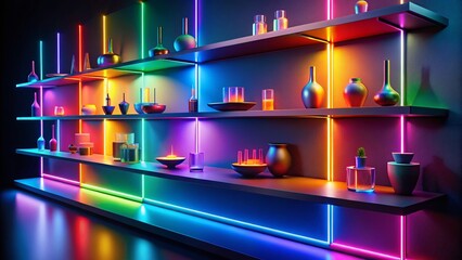 Rainbow Neon Floating Shelves, Tilt-Shift Miniature, Black Background, Abstract Art, Modern Decor