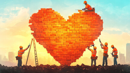 Construction workers happily building brick heart under sunshine, concept of love, care and commitment shown through their hard work