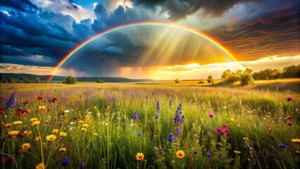 Naklejka premium Rainbow over Lush Green Field After Rain, Bokeh Effect Stock Photo