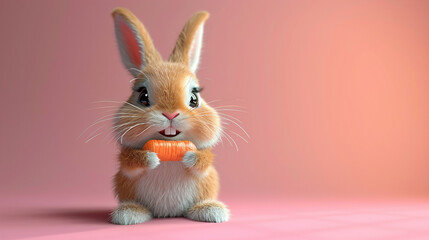 Obraz premium cute cartoon bunny holding carrot with oversized eyes and sweet smile is standing in front of pink background