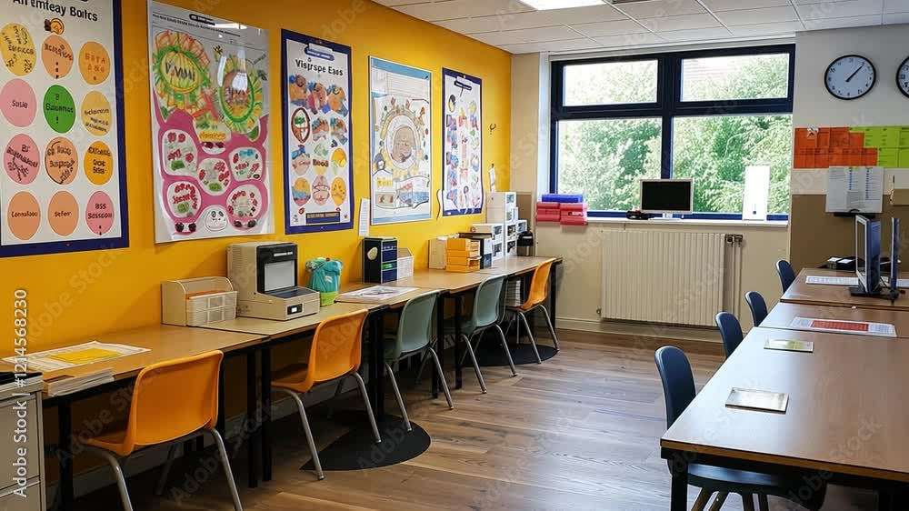 Aufkleber this vibrant classroom features colorful educational charts and desks for collaborative learning.