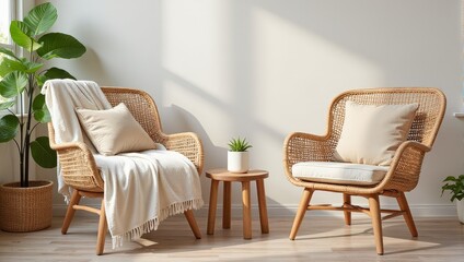Two elegant brown wicker chairs rest on a warm wood floor, one adorned with a crisp white towel and a plush cream pillow, creating an inviting scene against a pristine white wall.  
