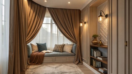 A cozy reading nook is defined by rich flowing curtains that envelop the area in warmth. The soft luminescence from strategically p fixtures complements the soft tones of the