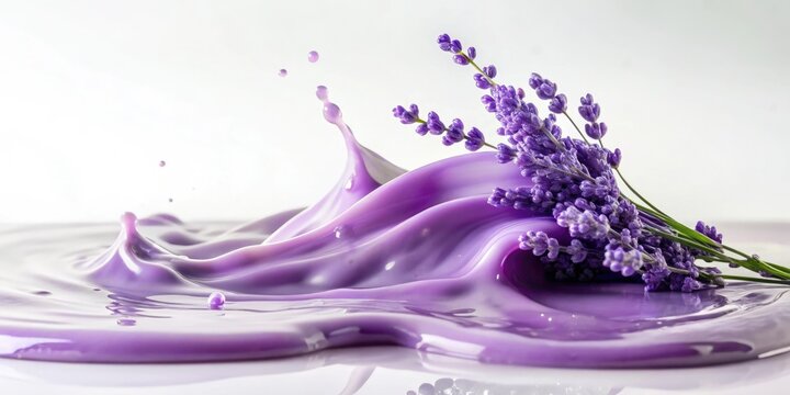 A puddle of lavender slime forms a pool on a flat white surface as it slowly spreads and moves, slimy texture, fluid dynamics, scientific experiment, colorful liquid