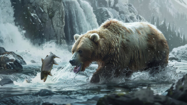 Brown bear catching a fish in the river with misty forest background scene