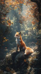 Obraz premium Red Fox Resting on Rock in Autumn Forest