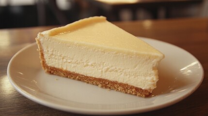 A slice of creamy New York-style cheesecake on a white plate, served on a wooden table in a cafe setting.