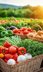 Fresh Organic Vegetables in Baskets Displayed on a Sunny Day at a Farm with Lush Green Background