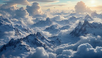 Naklejka premium Stunning Aerial View of Snow Covered Mountains and Clouds