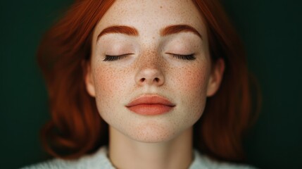 Serene Redhead: Close-up portrait of a young woman with vibrant red hair and freckles, eyes gently closed, exuding peace and tranquility against a deep green backdrop.  
