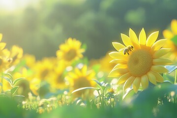 Obraz premium A close-up shot of sunflowers in full bloom, with the vibrant yellow petals glistening under the sunlight,