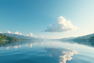 A solitary white cloud floats above a tranquil lake, soft, waters, peaceful