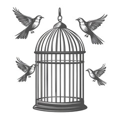 Fototapeta premium Birds escaping from a vintage cage. illustration. Graphic Design