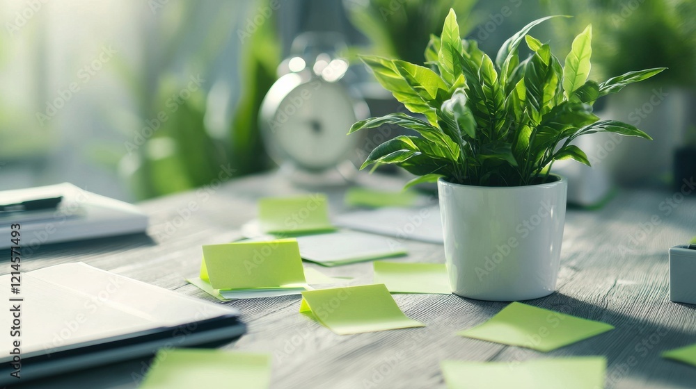 Poster organized and minimalist desk setup with plant and notebook for productive workspace