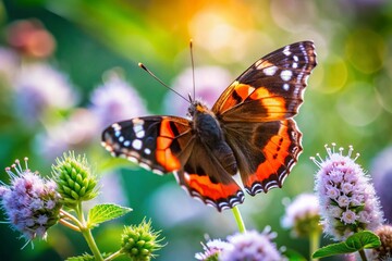 Naklejka premium Red Admiral Butterfly on Mint Flower with Bokeh Background - Stock Photo