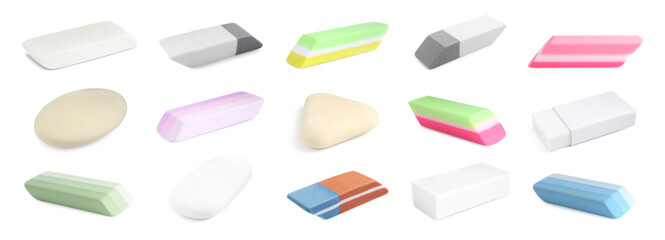 Many different erasers isolated on white, set