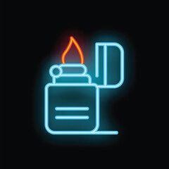 Blue neon sign of a burning lighter with an open cap on a black background