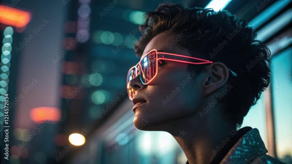 Aufkleber a dramatic side portrait of a person with sharp features wearing angular neonreflective glasses that