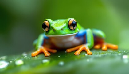 Vibrant Green Frog on Lush Leaf with Water Droplets