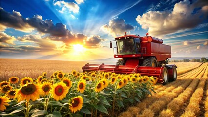 Red Combine Harvester Harvesting Sunflowers in Sunny Field - Agriculture Stock Photo