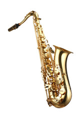 Jazz. One beautiful saxophone isolated on white
