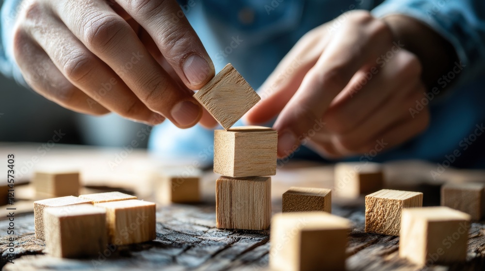 Poster person placing a wooden block into a stack of similar blocks on a flat surface in a well-lit environ