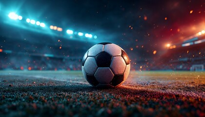 Soccer Ball on Stadium Field Night Dramatic Image