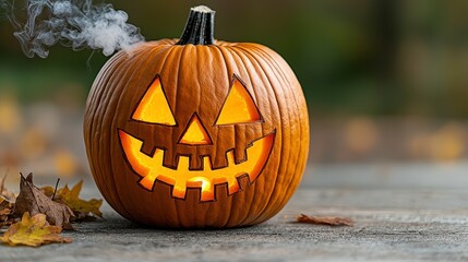 Obraz premium Carved pumpkin with a lit face glowing in the dark for halloween decoration