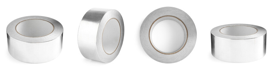 Silver adhesive tape, set. Rolls isolated on white