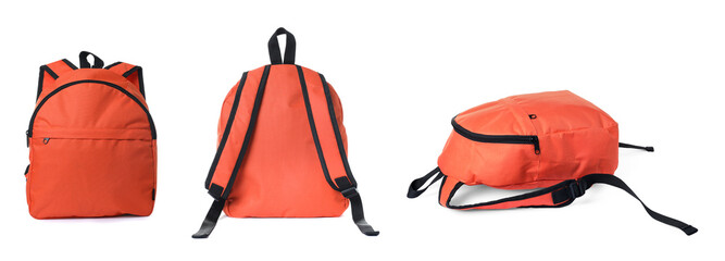 Orange backpack isolated on white, collage. Different sides