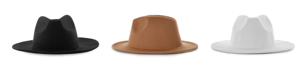 Stylish hats in different colors isolated on white, set. Fashionable accessory